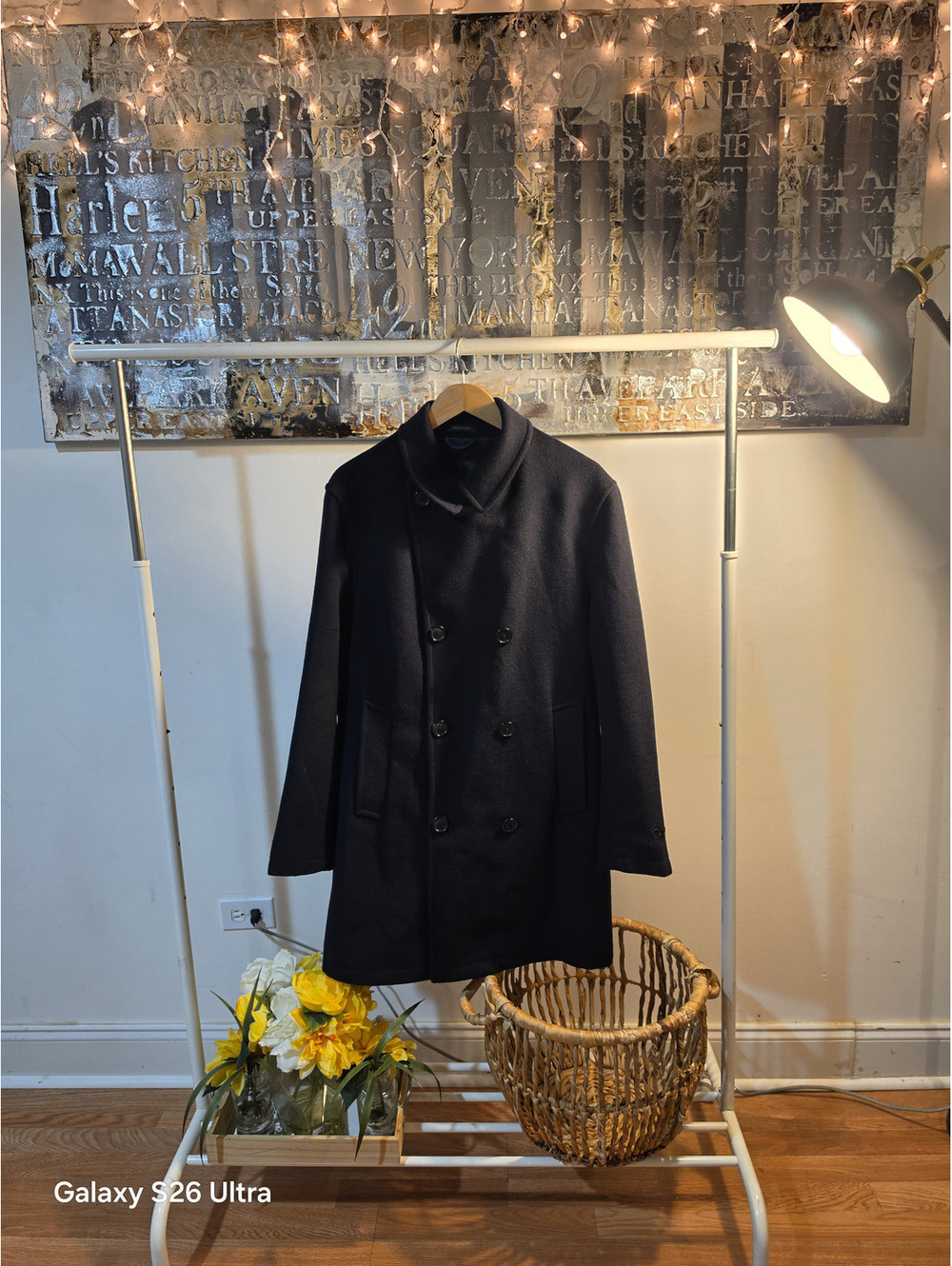 Men's Black Double-Breasted Wool Overcoat